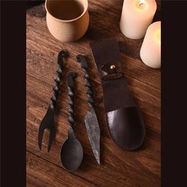 HAND-FORGED CUTLERY SET, 3 PCS. KNIFE, FORK, SPOON - WITH POUCH