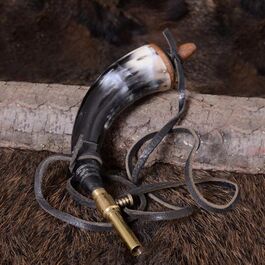 POWDER HORN WITH BRASS SHUT-OFF VALVE AND LEATHER STRAP