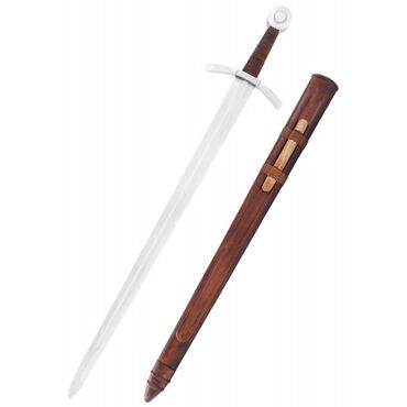 CRUSADER SWORD WITH ROUND TIP AND LEATHER SCABBARD